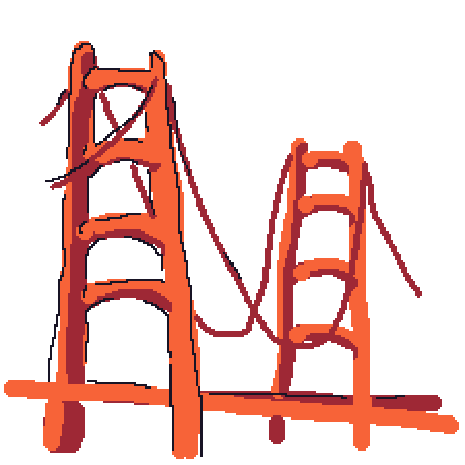 A pixel art scribble of the Golden Gate Bridge
